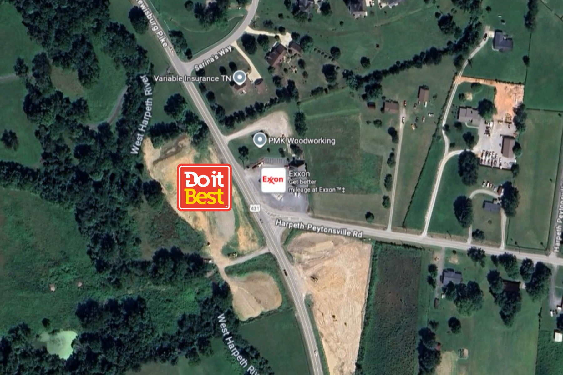 Aerial satellite view map showing the location of Thompson's Station Hardware at 1900 Lewisburg Pike in Franklin, Tennessee, with nearby landmarks including Variable Insurance TN, PMK Woodworking, and an Exxon gas station for easy navigation