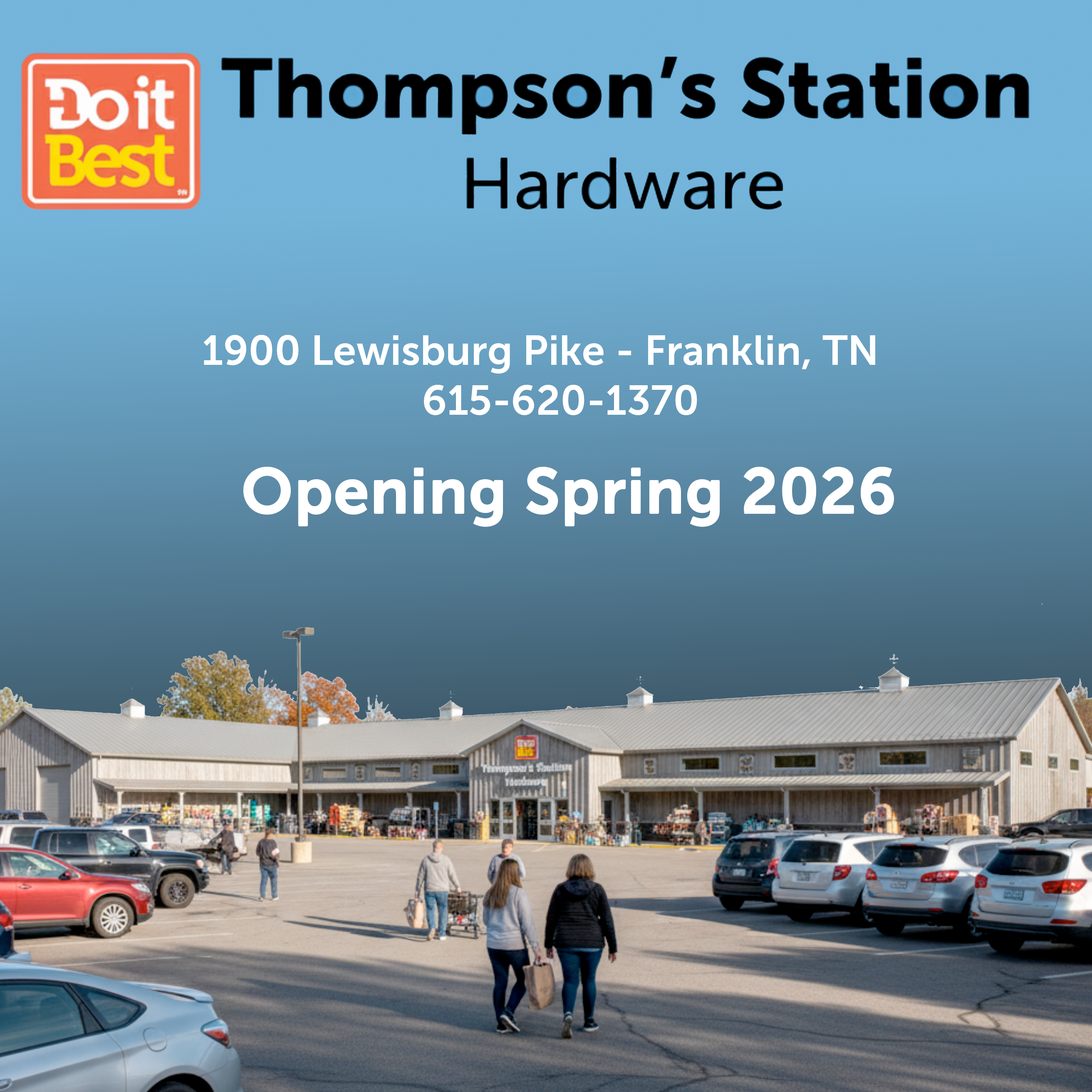 Final architectural rendering showing the completed Thompson's Station Hardware store as it will appear when opened in Spring 2026, featuring Do it Best branding and professional storefront design